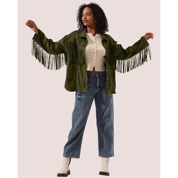 Women's Faux Suede Fringe Jacket Vintage Western Cowgirl Tassel Army Green - Picture 3 of 7